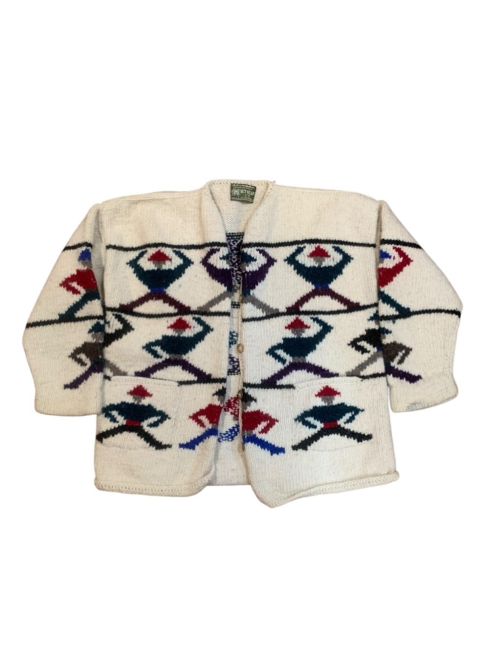 Vtg Men’s Reywear Hand-Knit Wool Cardigan Sweater White Multi-color